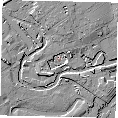 Shaded relief map of the ground around TW88GH, computed from Environment Agency LiDAR. The ground here sits at about 2 m above sea level and falls 14 m across the surrounding 800 m. Surface water reaching this point runs off ground lying to the south-south-west, 9.4 m higher.