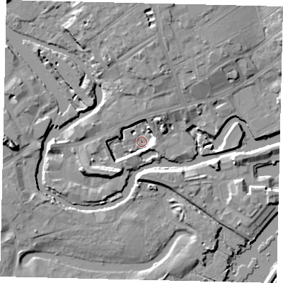 Shaded relief map of the ground around TW88GP, computed from Environment Agency LiDAR. The ground here sits at about 2 m above sea level and falls 14 m across the surrounding 800 m. Surface water reaching this point runs off ground lying to the south-west, 9.3 m higher.