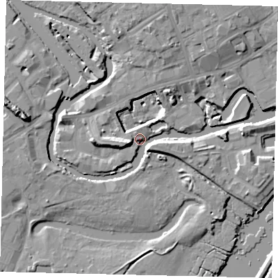 Shaded relief map of the ground around TW88GQ, computed from Environment Agency LiDAR. The ground here sits at about 5 m above sea level and falls 14 m across the surrounding 800 m. Surface water reaching this point runs off ground lying to the west-north-west, 10.9 m higher.