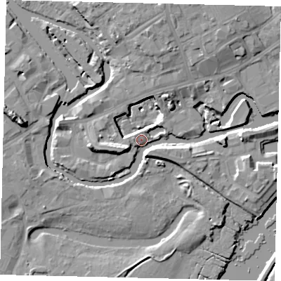 Shaded relief map of the ground around TW88GR, computed from Environment Agency LiDAR. The ground here sits at about 5 m above sea level and falls 14 m across the surrounding 800 m. Surface water reaching this point runs off ground lying to the west, 10.6 m higher.