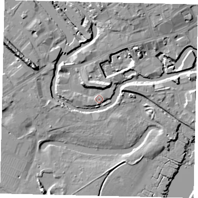 Shaded relief map of the ground around TW88HE, computed from Environment Agency LiDAR. The ground here sits at about 5 m above sea level and falls 14 m across the surrounding 800 m. Surface water reaching this point runs off ground lying to the north-east, 5.0 m higher.