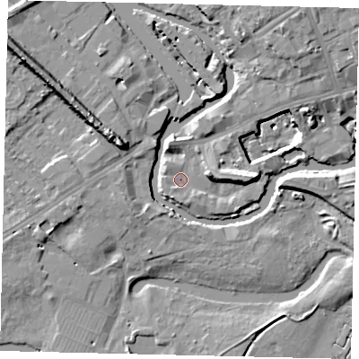 Shaded relief map of the ground around TW88HF, computed from Environment Agency LiDAR. The ground here sits at about 5 m above sea level and falls 15 m across the surrounding 800 m. Surface water reaching this point runs off ground lying to the north-east, 6.3 m higher.
