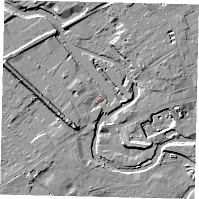 Shaded relief map of the ground around TW88HP, computed from Environment Agency LiDAR. The ground here sits at about 6 m above sea level and falls 15 m across the surrounding 800 m. Surface water reaching this point runs off ground lying to the south-west, 8.8 m higher.