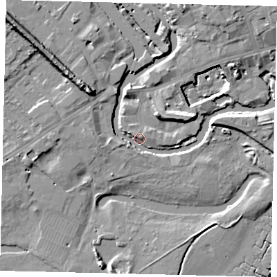 Shaded relief map of the ground around TW88HQ, computed from Environment Agency LiDAR. The ground here sits at about 5 m above sea level and falls 15 m across the surrounding 800 m. Surface water reaching this point runs off ground lying to the north-west, 10.9 m higher.
