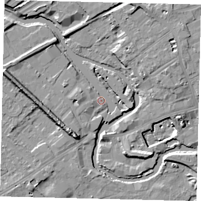 Shaded relief map of the ground around TW88HR, computed from Environment Agency LiDAR. The ground here sits at about 6 m above sea level and falls 15 m across the surrounding 800 m. Surface water reaching this point runs off ground lying to the south-west, 10.5 m higher.