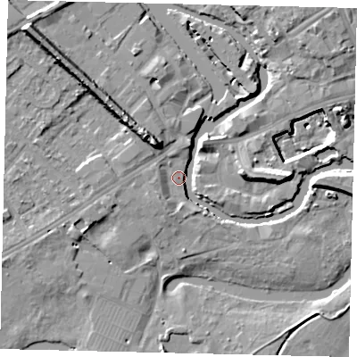 Shaded relief map of the ground around TW88HX, computed from Environment Agency LiDAR. The ground here sits at about 6 m above sea level and falls 15 m across the surrounding 800 m. Surface water reaching this point runs off ground lying to the west, 5.0 m higher.