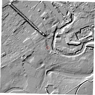Shaded relief map of the ground around TW88HY, computed from Environment Agency LiDAR. The ground here sits at about 6 m above sea level and falls 15 m across the surrounding 800 m. Surface water reaching this point runs off ground lying to the west, 2.4 m higher.