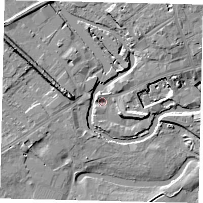 Shaded relief map of the ground around TW88JA, computed from Environment Agency LiDAR. The ground here sits at about 5 m above sea level and falls 15 m across the surrounding 800 m. Surface water reaching this point runs off ground lying to the north-west, 3.2 m higher.