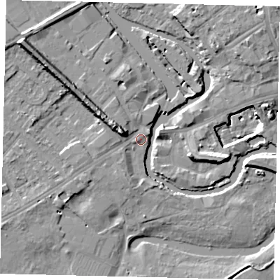 Shaded relief map of the ground around TW88JB, computed from Environment Agency LiDAR. The ground here sits at about 7 m above sea level and falls 15 m across the surrounding 800 m. Surface water reaching this point runs off ground lying to the north-west, 9.3 m higher.