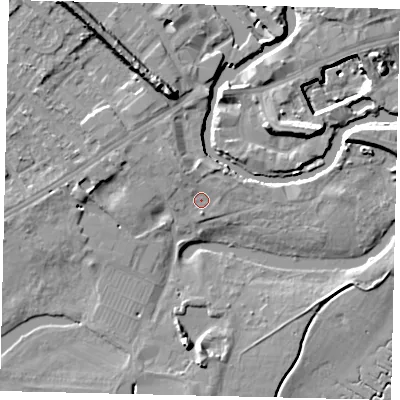 Shaded relief map of the ground around TW88JE, computed from Environment Agency LiDAR. The ground here sits at about 6 m above sea level and falls 14 m across the surrounding 800 m. Surface water reaching this point runs off ground lying to the west-north-west, 2.7 m higher.