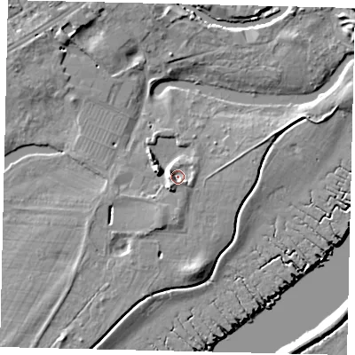 Shaded relief map of the ground around TW88JF, computed from Environment Agency LiDAR. The ground here sits at about 6 m above sea level and falls 9 m across the surrounding 800 m. Surface water reaching this point runs off ground lying to the west, 3.2 m higher.