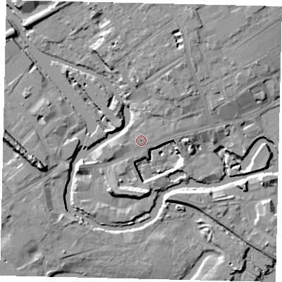 Shaded relief map of the ground around TW88LB, computed from Environment Agency LiDAR. The ground here sits at about 7 m above sea level and falls 14 m across the surrounding 800 m. Surface water reaching this point runs off ground lying to the north-east, 4.5 m higher.
