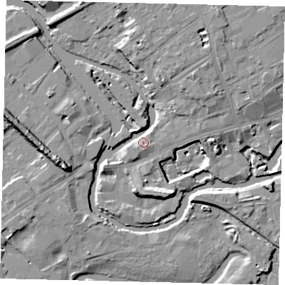 Shaded relief map of the ground around TW88LD, computed from Environment Agency LiDAR. The ground here sits at about 6 m above sea level and falls 14 m across the surrounding 800 m. Surface water reaching this point runs off ground lying to the south-east, 4.0 m higher.