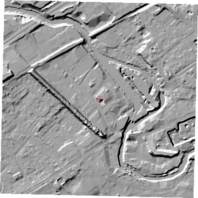 Shaded relief map of the ground around TW88LE, computed from Environment Agency LiDAR. The ground here sits at about 8 m above sea level and falls 15 m across the surrounding 800 m. Surface water reaching this point runs off ground lying to the south-west, 7.8 m higher.