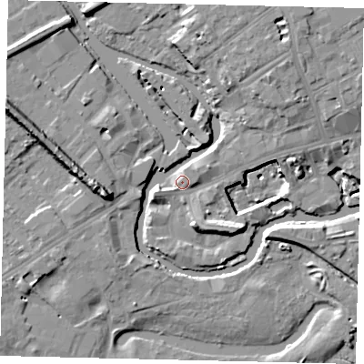 Shaded relief map of the ground around TW88LF, computed from Environment Agency LiDAR. The ground here sits at about 6 m above sea level and falls 15 m across the surrounding 800 m. Surface water reaching this point runs off ground lying to the north-east, 5.7 m higher.