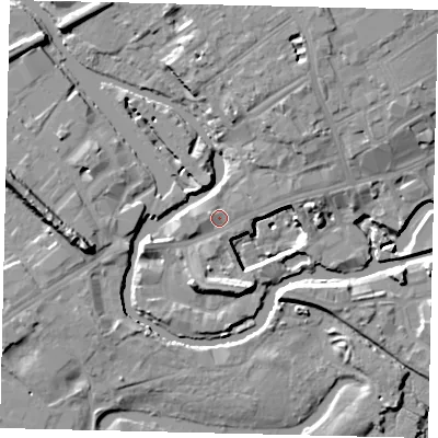Shaded relief map of the ground around TW88LJ, computed from Environment Agency LiDAR. The ground here sits at about 6 m above sea level and falls 14 m across the surrounding 800 m. Surface water reaching this point runs off ground lying to the north-east, 5.1 m higher.