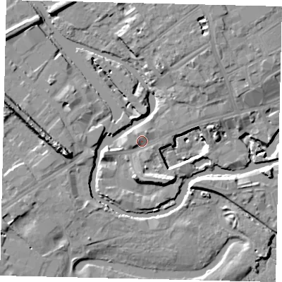 Shaded relief map of the ground around TW88LL, computed from Environment Agency LiDAR. The ground here sits at about 6 m above sea level and falls 14 m across the surrounding 800 m. Surface water reaching this point runs off ground lying to the north-east, 5.7 m higher.