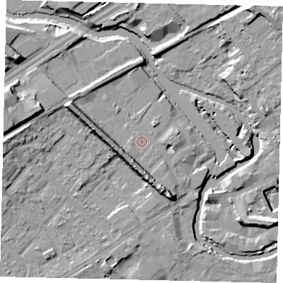 Shaded relief map of the ground around TW88LZ, computed from Environment Agency LiDAR. The ground here sits at about 8 m above sea level and falls 15 m across the surrounding 800 m. Surface water reaching this point runs off ground lying to the south-south-west, 5.9 m higher.