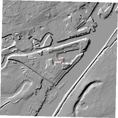 Shaded relief map of the ground around TW88QB, computed from Environment Agency LiDAR. The ground here sits at about 5 m above sea level and falls 12 m across the surrounding 800 m. Surface water reaching this point runs off ground lying to the south-east, 5.8 m higher.