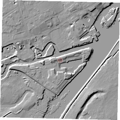 Shaded relief map of the ground around TW88QG, computed from Environment Agency LiDAR. The ground here sits at about 7 m above sea level and falls 12 m across the surrounding 800 m. Surface water reaching this point runs off ground lying to the north-east, 6.7 m higher.