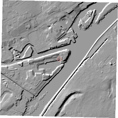 Shaded relief map of the ground around TW88QQ, computed from Environment Agency LiDAR. The ground here sits at about 5 m above sea level and falls 10 m across the surrounding 800 m. Surface water reaching this point runs off ground lying to the south-west, 5.8 m higher.