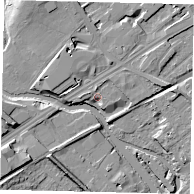 Shaded relief map of the ground around TW89DL, computed from Environment Agency LiDAR. The ground here sits at about 10 m above sea level and falls 12 m across the surrounding 800 m. Surface water reaching this point runs off ground lying to the north, 2.0 m higher.