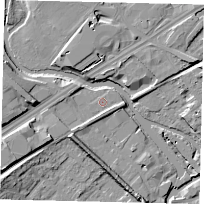 Shaded relief map of the ground around TW89DR, computed from Environment Agency LiDAR. The ground here sits at about 8 m above sea level and falls 14 m across the surrounding 800 m. The ground contributing surface water to this point lies to the south-south-west.