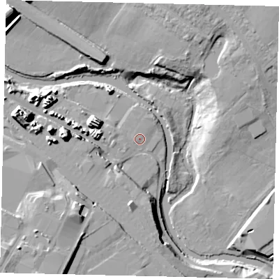 Shaded relief map of the ground around TW89HF, computed from Environment Agency LiDAR. The ground here sits at about 9 m above sea level and falls 19 m across the surrounding 800 m. Surface water reaching this point runs off ground lying to the west, 0.8 m higher.