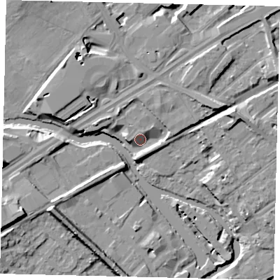 Shaded relief map of the ground around TW89HX, computed from Environment Agency LiDAR. The ground here sits at about 9 m above sea level and falls 14 m across the surrounding 800 m. Surface water reaching this point runs off ground lying to the north-north-east, 5.3 m higher.