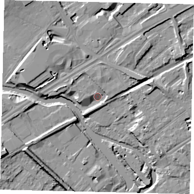 Shaded relief map of the ground around TW89RE, computed from Environment Agency LiDAR. The ground here sits at about 9 m above sea level and falls 12 m across the surrounding 800 m. Surface water reaching this point runs off ground lying to the north-north-east, 5.3 m higher.