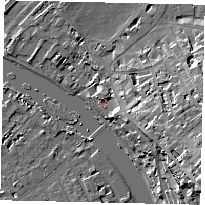 Shaded relief map of the ground around TW91EH, computed from Environment Agency LiDAR. The ground here sits at about 8 m above sea level and falls 31 m across the surrounding 800 m. Surface water reaching this point runs off ground lying to the east-south-east, 7.3 m higher.