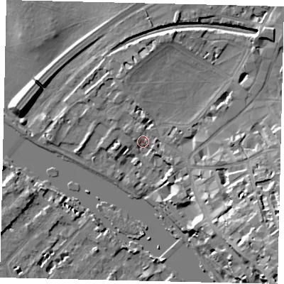 Shaded relief map of the ground around TW91NL, computed from Environment Agency LiDAR. The ground here sits at about 7 m above sea level and falls 23 m across the surrounding 800 m. Surface water reaching this point runs off ground lying to the south-east, 15.4 m higher.