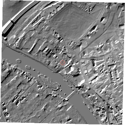 Shaded relief map of the ground around TW91NN, computed from Environment Agency LiDAR. The ground here sits at about 6 m above sea level and falls 25 m across the surrounding 800 m. Surface water reaching this point runs off ground lying to the north-east, 4.6 m higher.
