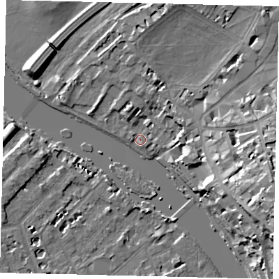 Shaded relief map of the ground around TW91NP, computed from Environment Agency LiDAR. The ground here sits at about 5 m above sea level and falls 22 m across the surrounding 800 m. Surface water reaching this point runs off ground lying to the east-south-east, 17.3 m higher.
