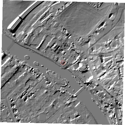 Shaded relief map of the ground around TW91NR, computed from Environment Agency LiDAR. The ground here sits at about 5 m above sea level and falls 23 m across the surrounding 800 m. Surface water reaching this point runs off ground lying to the east-south-east, 17.3 m higher.