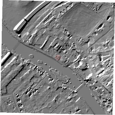 Shaded relief map of the ground around TW91NS, computed from Environment Agency LiDAR. The ground here sits at about 5 m above sea level and falls 21 m across the surrounding 800 m. Surface water reaching this point runs off ground lying to the east-south-east, 16.4 m higher.