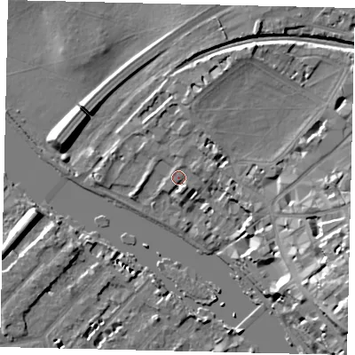 Shaded relief map of the ground around TW91NT, computed from Environment Agency LiDAR. The ground here sits at about 7 m above sea level and falls 21 m across the surrounding 800 m. Surface water reaching this point runs off ground lying to the east-north-east, 3.8 m higher.