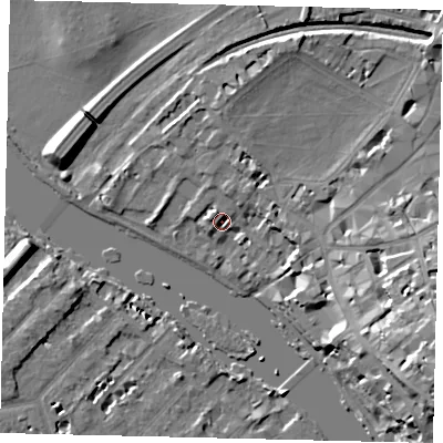 Shaded relief map of the ground around TW91NU, computed from Environment Agency LiDAR. The ground here sits at about 6 m above sea level and falls 21 m across the surrounding 800 m. Surface water reaching this point runs off ground lying to the north-east, 3.3 m higher.