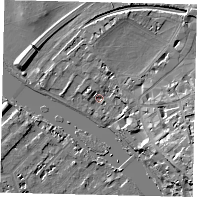 Shaded relief map of the ground around TW91NW, computed from Environment Agency LiDAR. The ground here sits at about 5 m above sea level and falls 22 m across the surrounding 800 m. Surface water reaching this point runs off ground lying to the east-south-east, 16.9 m higher.