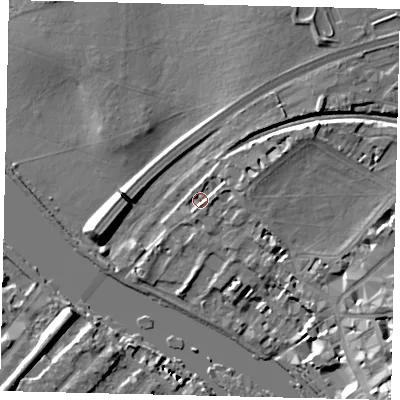 Shaded relief map of the ground around TW91PG, computed from Environment Agency LiDAR. The ground here sits at about 6 m above sea level and falls 18 m across the surrounding 800 m. Surface water reaching this point runs off ground lying to the east-north-east, 4.2 m higher.