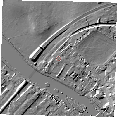 Shaded relief map of the ground around TW91PQ, computed from Environment Agency LiDAR. The ground here sits at about 6 m above sea level and falls 16 m across the surrounding 800 m. Surface water reaching this point runs off ground lying to the east-north-east, 4.0 m higher.