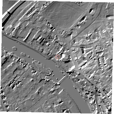 Shaded relief map of the ground around TW91TH, computed from Environment Agency LiDAR. The ground here sits at about 6 m above sea level and falls 27 m across the surrounding 800 m. Surface water reaching this point runs off ground lying to the east-south-east, 7.9 m higher.