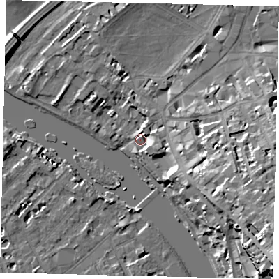 Shaded relief map of the ground around TW91TJ, computed from Environment Agency LiDAR. The ground here sits at about 7 m above sea level and falls 28 m across the surrounding 800 m. Surface water reaching this point runs off ground lying to the east-south-east, 7.0 m higher.