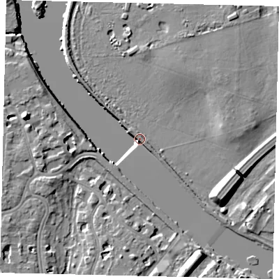 Shaded relief map of the ground around TW92QJ, computed from Environment Agency LiDAR. The ground here sits at about 5 m above sea level and falls 10 m across the surrounding 800 m. Surface water reaching this point runs off ground lying to the south-east, 6.8 m higher.