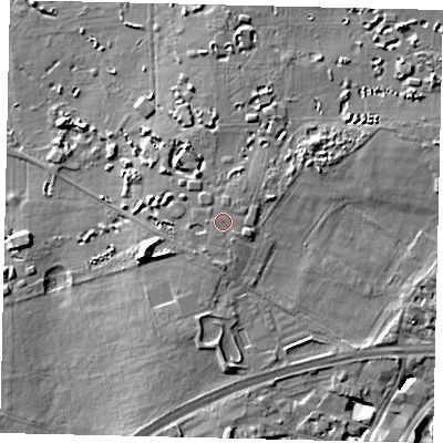 Shaded relief map of the ground around TW92SB, computed from Environment Agency LiDAR. The ground here sits at about 8 m above sea level and falls 8 m across the surrounding 800 m. The ground contributing surface water to this point lies to the south-south-east.