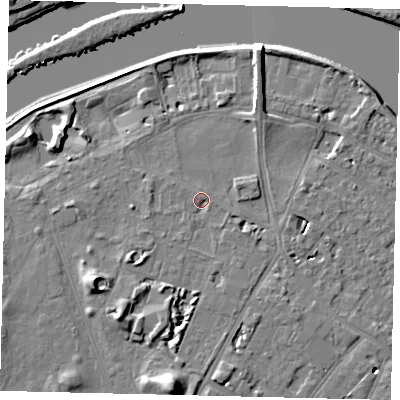 Shaded relief map of the ground around TW93AA, computed from Environment Agency LiDAR. The ground here sits at about 6 m above sea level and falls 12 m across the surrounding 800 m. Surface water reaching this point runs off ground lying to the west-south-west, 1.6 m higher.