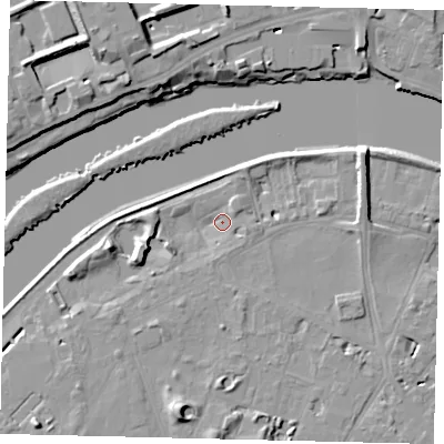 Shaded relief map of the ground around TW93AE, computed from Environment Agency LiDAR. The ground here sits at about 4 m above sea level and falls 12 m across the surrounding 800 m. Surface water reaching this point runs off ground lying to the west-south-west, 4.4 m higher.