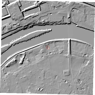 Shaded relief map of the ground around TW93AF, computed from Environment Agency LiDAR. The ground here sits at about 3 m above sea level and falls 12 m across the surrounding 800 m. Surface water reaching this point runs off ground lying to the south-south-west, 6.6 m higher.