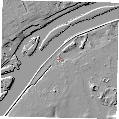 Shaded relief map of the ground around TW93AG, computed from Environment Agency LiDAR. The ground here sits at about 6 m above sea level and falls 12 m across the surrounding 800 m. Surface water reaching this point runs off ground lying to the north-east, 6.9 m higher.