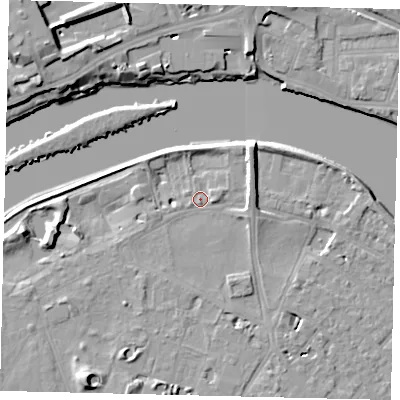 Shaded relief map of the ground around TW93AH, computed from Environment Agency LiDAR. The ground here sits at about 5 m above sea level and falls 11 m across the surrounding 800 m. Surface water reaching this point runs off ground lying to the south-south-west, 8.4 m higher.